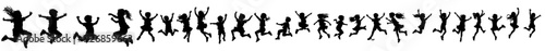 A black silhouette of children leaping with joy. Active kids jumping or bouncing, a collection of outline elements, flat and modern, isolated on a white background. Summer fun and attractions.