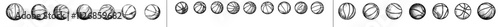 A basketball logo featuring halftone balls, designed in black and white for a streetball team. The set includes game championship silhouettes or outline signs, graphic spheres, and contemporary sport