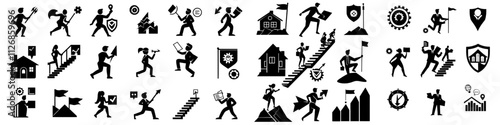 Collection of business person icons. A businessman depicted in various scenarios, including striving for goals, teamwork, handling finances, and career progression. Monochrome black and white design.