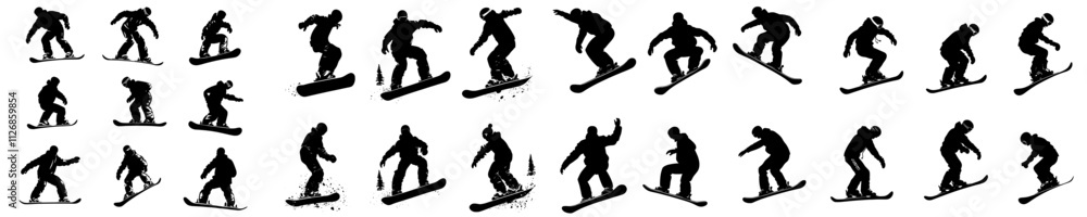 Fototapeta premium Contemporary outlines of a snowboarder in action, isolated on a white background.