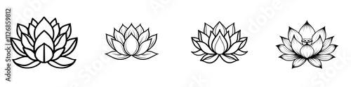 A modern contour illustration of a black lotus flower, isolated on a white background, suitable for packaging, corporate identity, labels, postcards, and invitations.