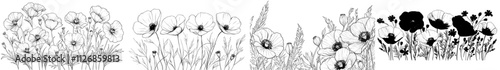 An assortment of flowers and grasses illustrated with black lines, featuring copy space.