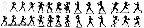 A set of female boxer silhouettes in various poses and gestures, isolated on a white background, featuring a modern illustration style.
