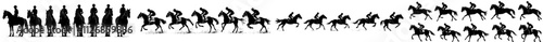 A dynamic illustration of a horse and jockey in various poses, showcasing equestrian sports such as dressage, show jumping, and horse racing.