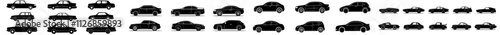 Collection of automobile icons showcasing front, side, top, back, and isometric perspectives, all in solid black.