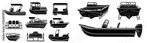 Isometric modern black and white icon set of a marine pontoon boat designed for passenger transport, complete with a canopy.