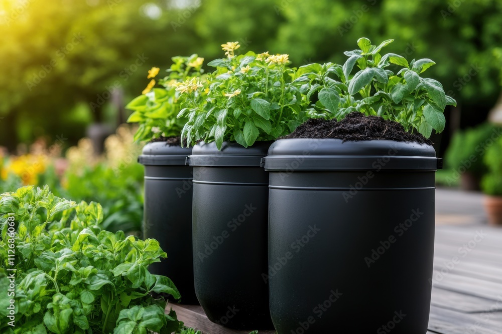 sustainable gardening, backyard garden with compost bins on a sunny patio, surrounded by thriving plants and herbs sustainable gardening, backyard garden with compost bins on a sunny patio, surrounded by thriving plants and herbs