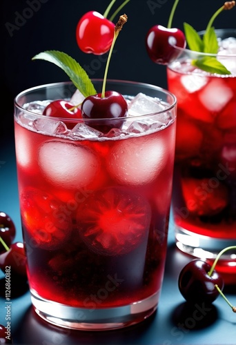 cherry juice cocktail with ice cubes