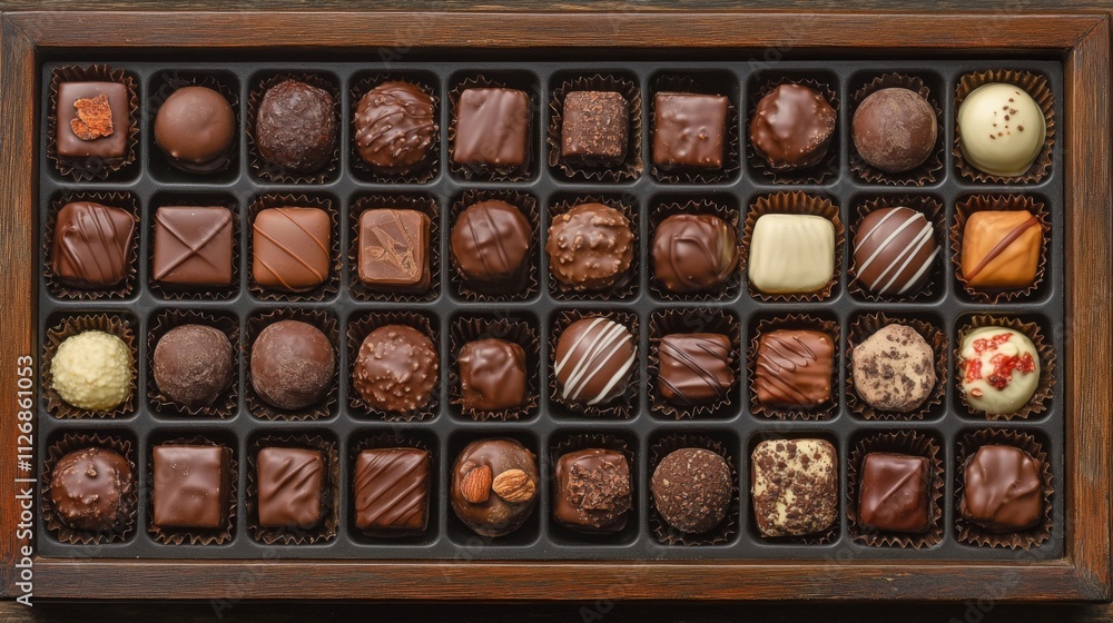 Assorted Chocolate Candies In Wooden Box Assorted Chocolate Candies In Wooden Box