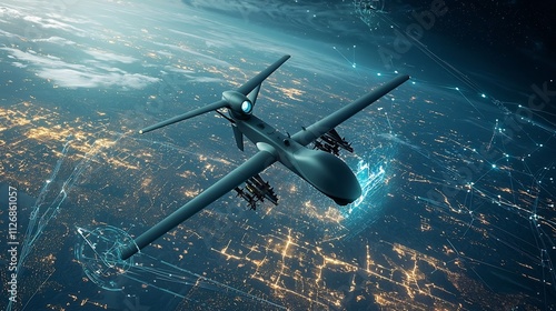 Photograph of a military grade drone flying over a desert landscape equipped with advanced holographic targeting systems and network connections