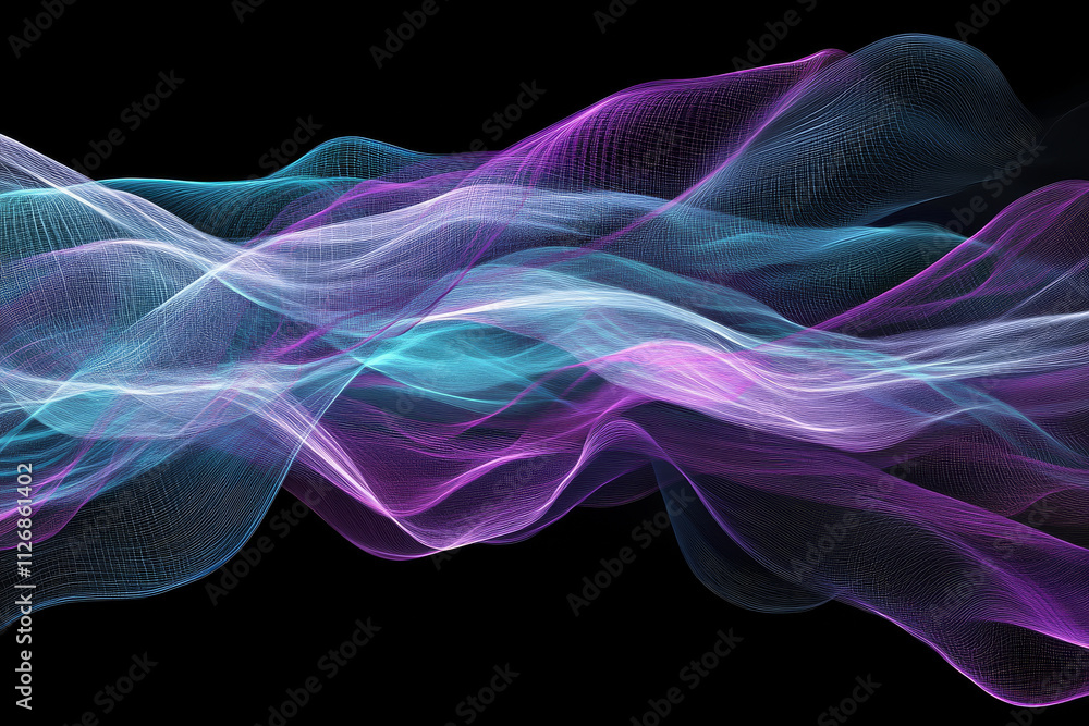 Fototapeta premium An abstract digital background of glowing particle trails in vivid cyan, magenta, and white, flowing dynamically.