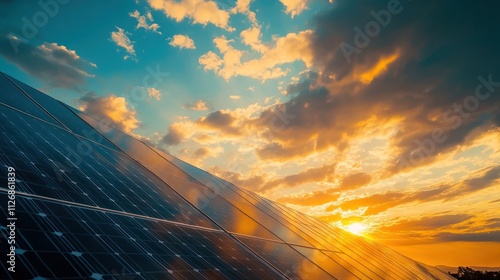 A solar panel array reflecting a vibrant sunset against a backdrop of colorful clouds.