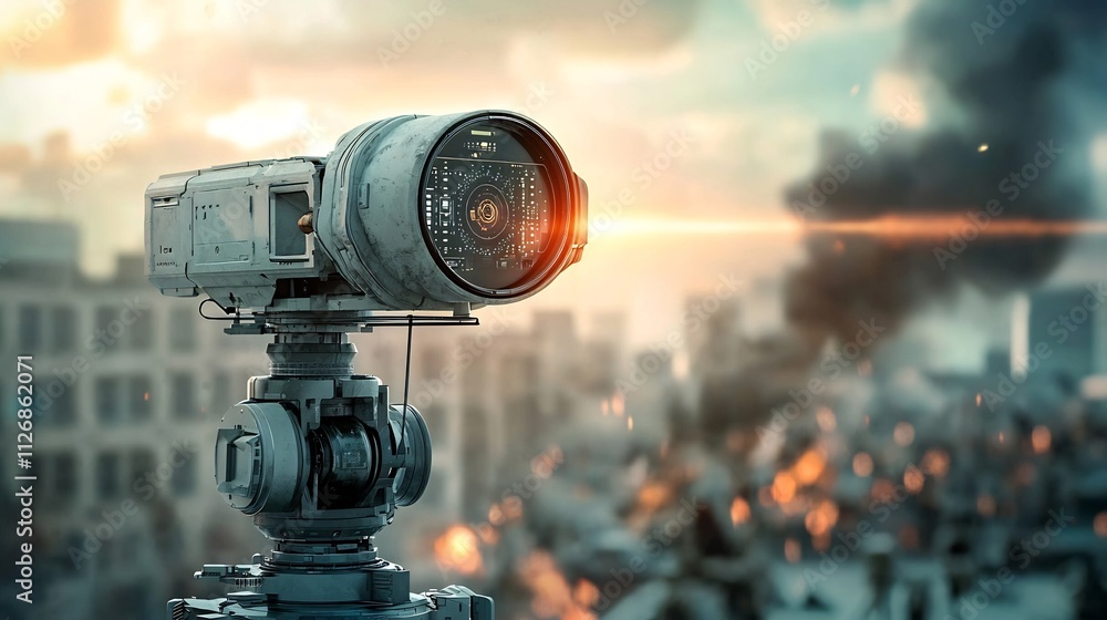Autonomous Military Robot Equipped with Advanced Sensors Connected to a Digital Command Network with a Blurred Battlefield Background Autonomous Military Robot Equipped with Advanced Sensors Connected to a Digital Command Network with a Blurred Battlefield Background