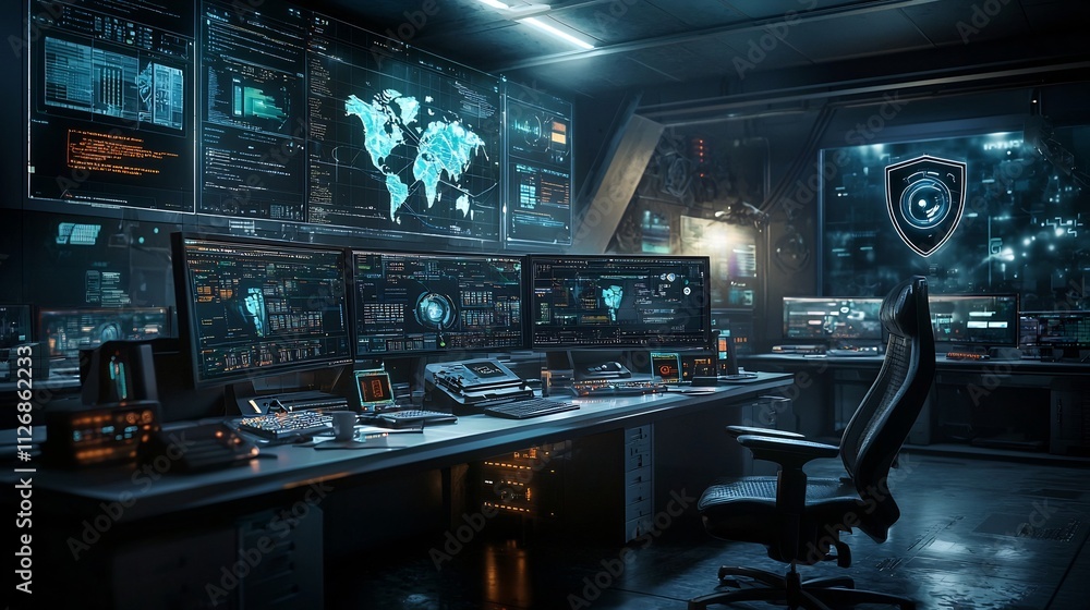 Cyber Defense Command Center with Glowing Network Diagrams Holographic Shields and Copy Space for Cybersecurity Monitoring and Cyber Defense Command Center with Glowing Network Diagrams Holographic Shields and Copy Space for Cybersecurity Monitoring and