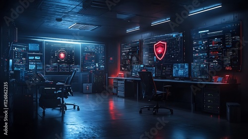 Cutting edge cyber defense command center with glowing network diagrams holographic security shields and advanced digital infrastructure for comprehensive security monitoring and threat protection photo