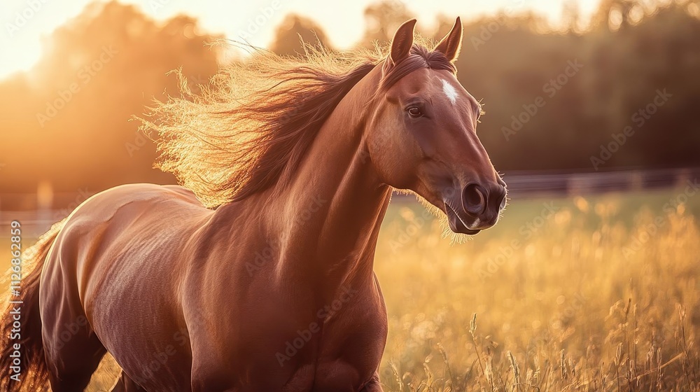Horse running with vibrant mane, dynamic energy, soft lighting, outdoor scene Horse running with vibrant mane, dynamic energy, soft lighting, outdoor scene