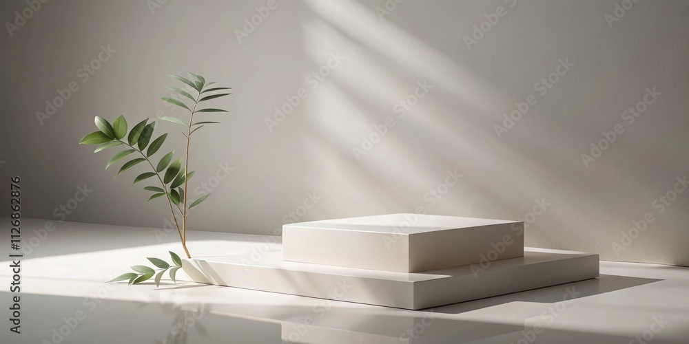 Simple White Platform Display with Natural Light and Greenery Simple White Platform Display with Natural Light and Greenery