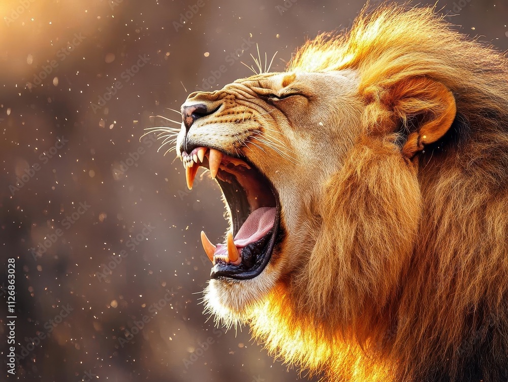 Fototapeta premium Lion roaring with vibrant mane, dynamic energy, soft glow, majestic scene