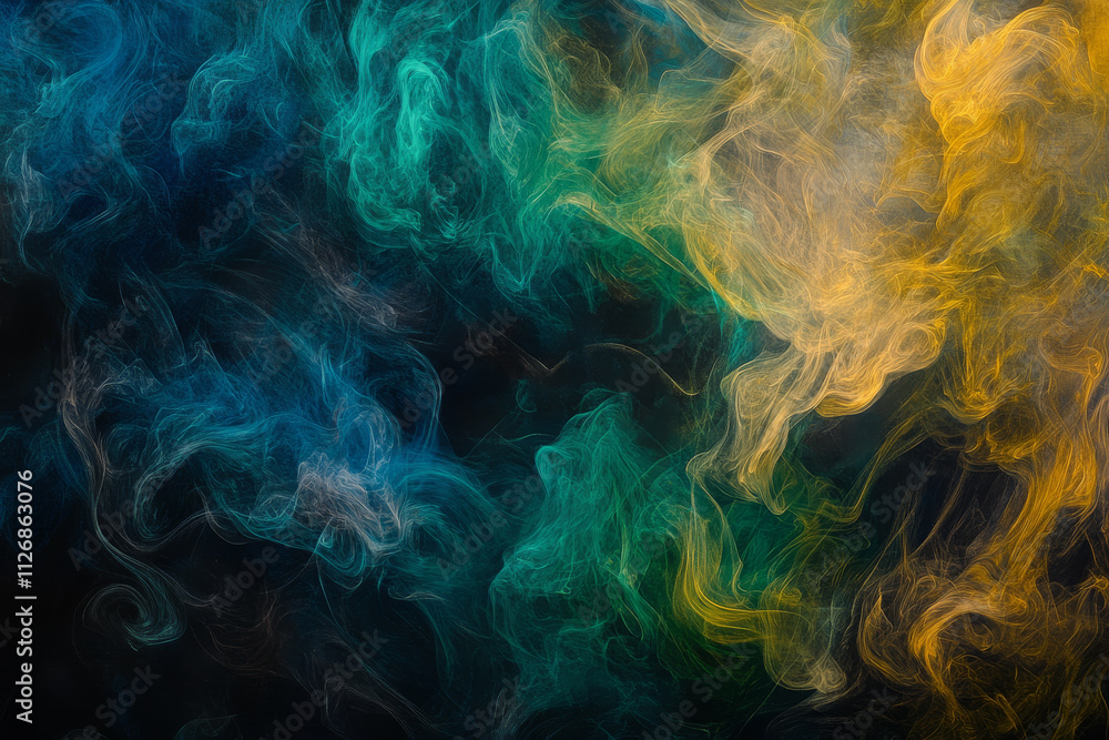 Obraz premium A surreal color smoke background with intertwined trails of green, gold, and blue, glowing faintly in the dark.