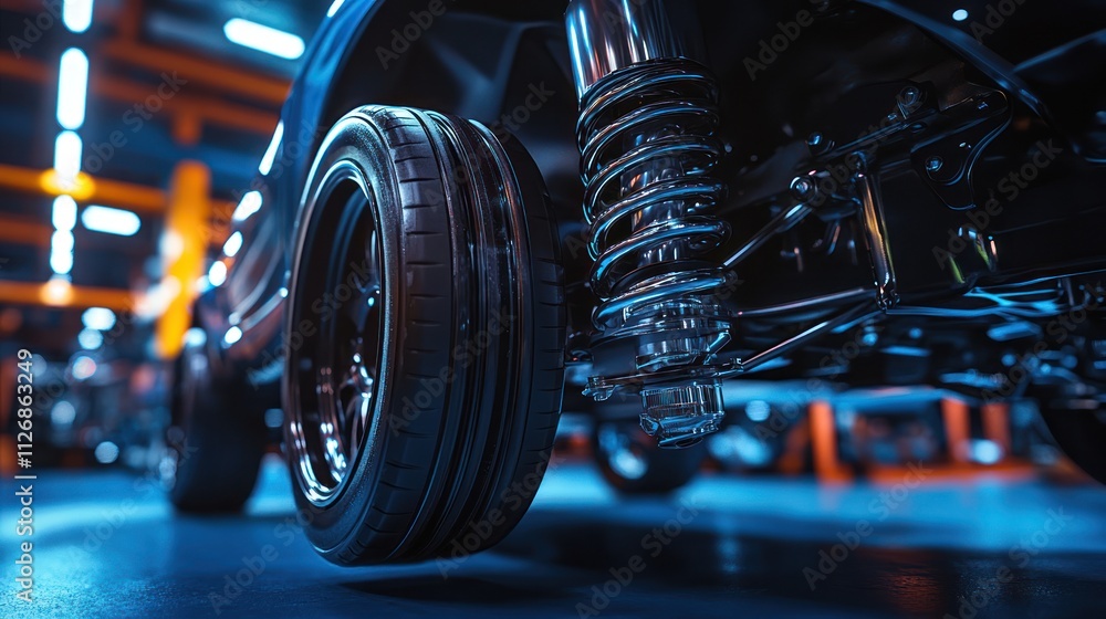 Close-up of a vehicle's wheel and suspension system in a workshop setting. Close-up of a vehicle's wheel and suspension system in a workshop setting.