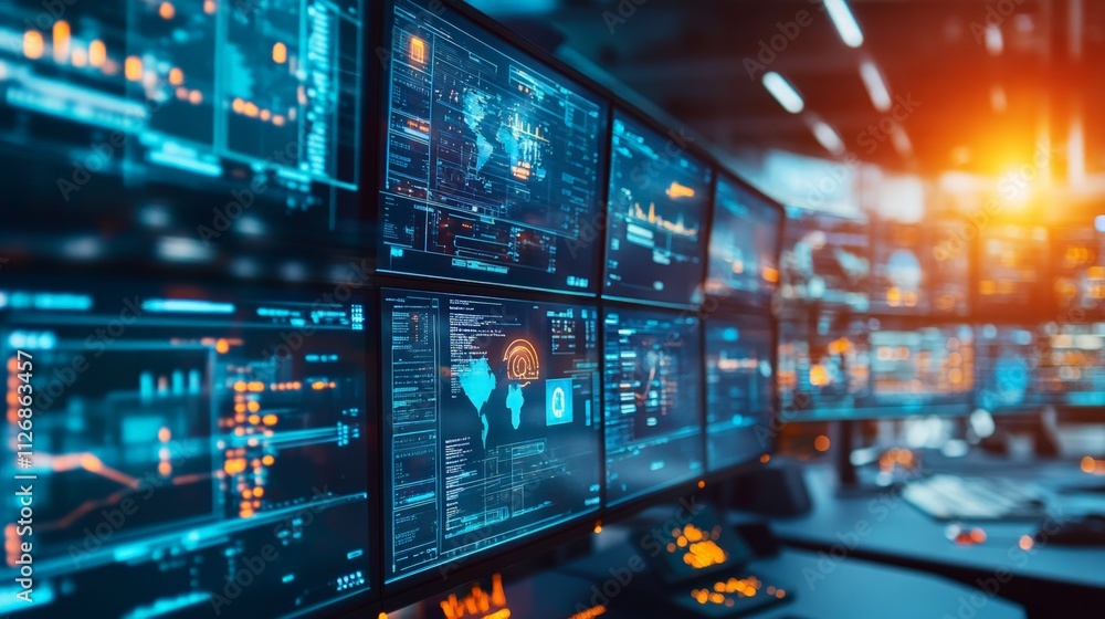 Data security monitoring control room digital display high-tech environment wide-angle view cybersecurity insights Data security monitoring control room digital display high-tech environment wide-angle view cybersecurity insights