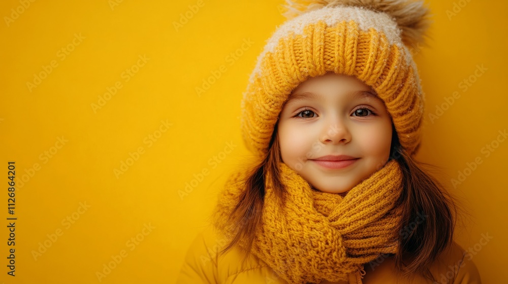 inspired wit idea child in knitted hat. kid wear warm clothes on yellow background inspired wit idea child in knitted hat. kid wear warm clothes on yellow background