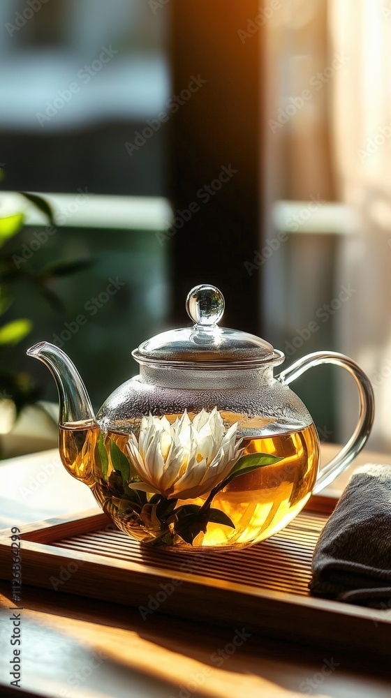A glass teapot with flowering tea blooming inside, set on a wooden tray. A glass teapot with flowering tea blooming inside, set on a wooden tray.