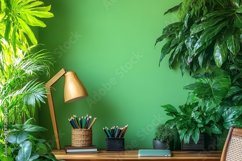 Modern workspace with lush greenery and organized stationery in a vibrant setting photo