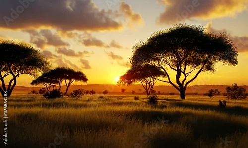 African savanna sunset with acacia trees silhouetted against a fiery sky.