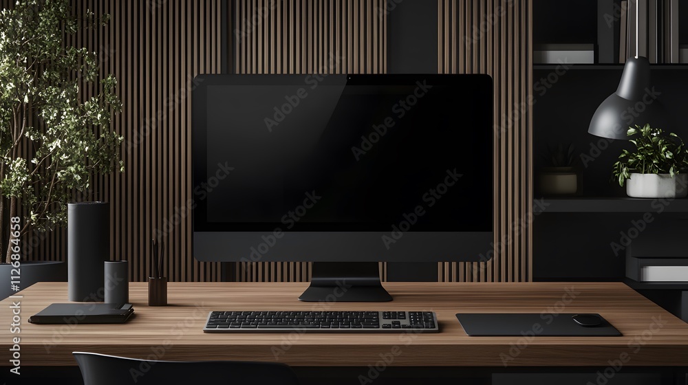 Fototapeta premium Modern Black Computer Setup On Wooden Desk