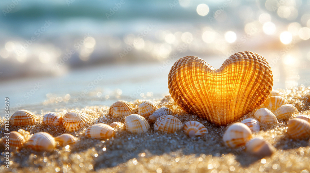 Close-up of a heart-shaped stone surrounded by assorted seashells on a sandy beach. The composition evokes themes of love, nature, serenity, and the enduring beauty of the ocean's treasures Close-up of a heart-shaped stone surrounded by assorted seashells on a sandy beach. The composition evokes themes of love, nature, serenity, and the enduring beauty of the ocean's treasures