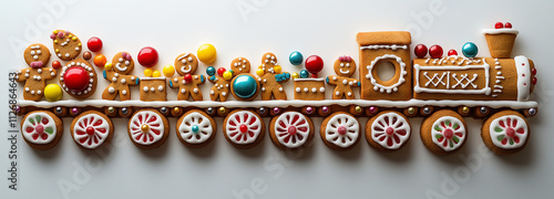 Festive gingerbread train filled with candies and decorated with icing