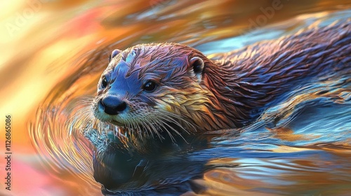 Otter swimming with vibrant fur, soft lighting, peaceful river scene