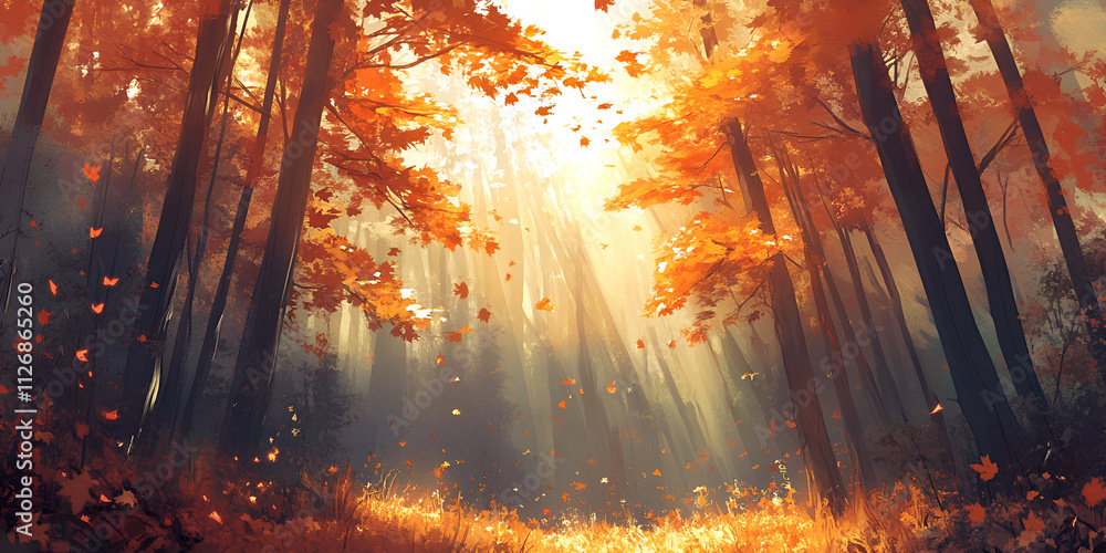 Naklejka premium Golden Autumn Forest Path with Sunbeams