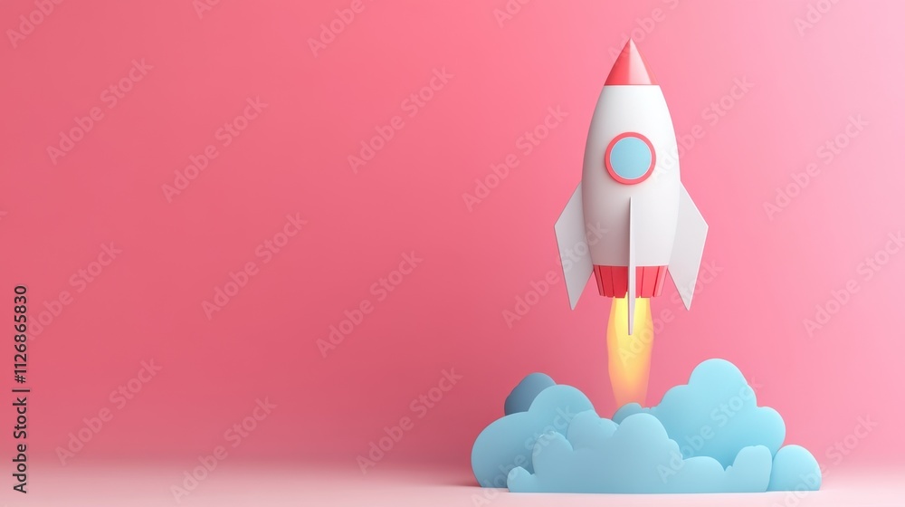 Fototapeta premium A colorful rocket launching from fluffy clouds against a pink background, symbolizing innovation and adventure.