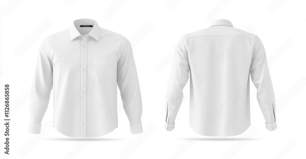 A clean, white long-sleeve shirt displayed from both the front and back, showcasing a classic design suitable for formal or casual wear. A clean, white long-sleeve shirt displayed from both the front and back, showcasing a classic design suitable for formal or casual wear.