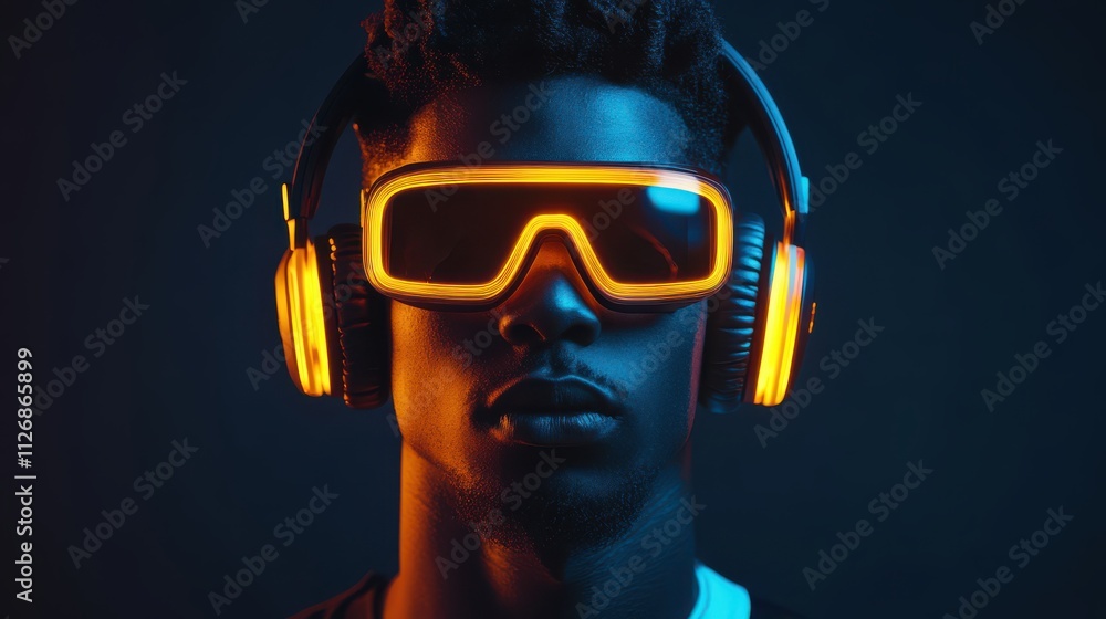 A gamer wearing noise-canceling headphones and illuminated by the screen glow A gamer wearing noise-canceling headphones and illuminated by the screen glow