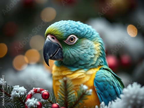 brightly colored parrot sitting on a branch of a christmas tree. photo