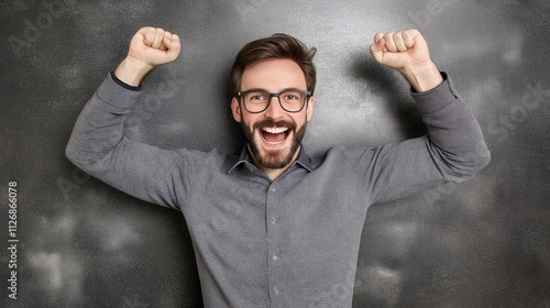 A man celebrating success with both hands raised in excitement photo