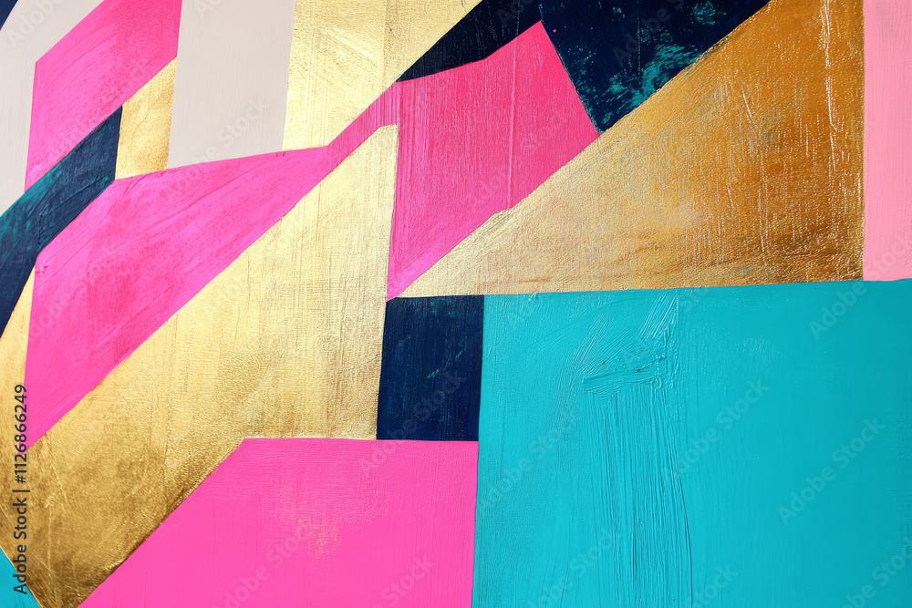 Obraz premium Abstract colorful wall art with bold geometric shapes in vivid pink, teal, and gold, arranged dynamically for a modern look.