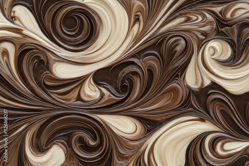 A decadent mocha mousse background featuring swirling patterns of deep chocolate and cream.