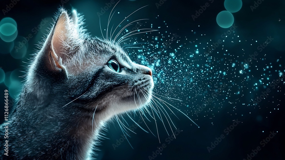 Fototapeta premium Innovative and interactive smart pet toy connected to a digital network featuring glowing lines and a minimal background for text overlay