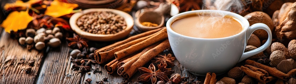A cozy setting with a steaming cup of chai masala surrounded by spices. A cozy setting with a steaming cup of chai masala surrounded by spices.
