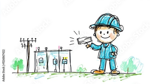 Young Boy with Safety Helmet Painting Electrical Substation and Power Lines in Colorful Sketch Style