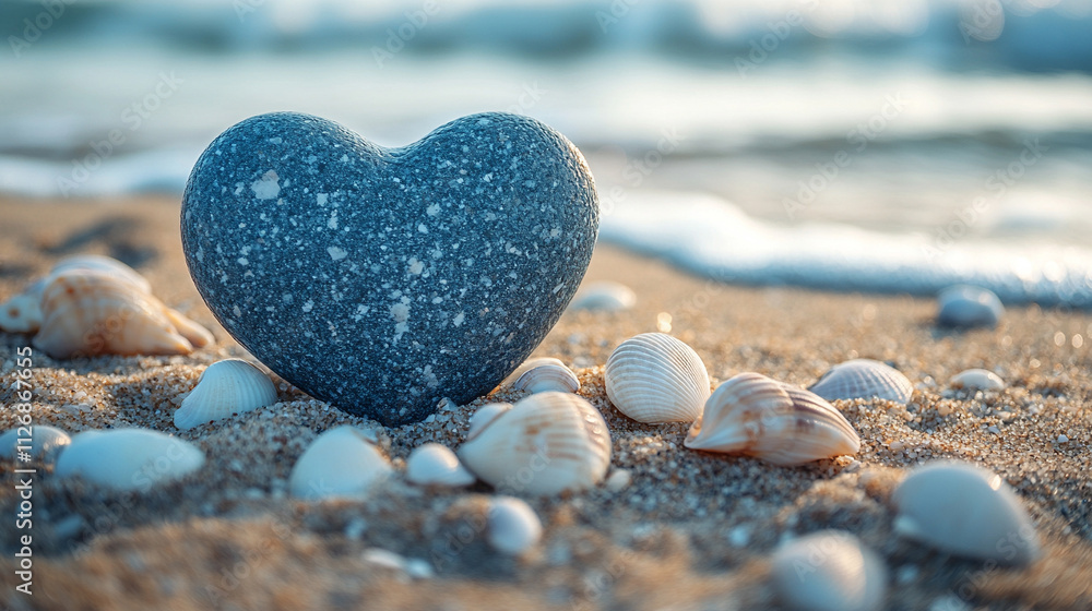Close-up of a heart-shaped stone surrounded by assorted seashells on a sandy beach. The composition evokes themes of love, nature, serenity, and the enduring beauty of the ocean's treasures Close-up of a heart-shaped stone surrounded by assorted seashells on a sandy beach. The composition evokes themes of love, nature, serenity, and the enduring beauty of the ocean's treasures