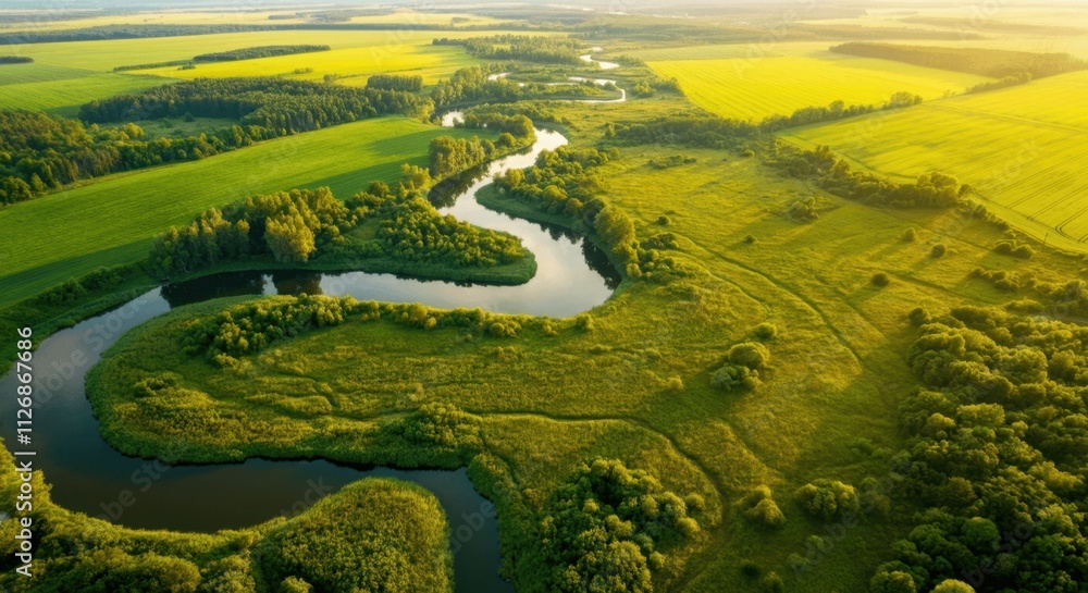 Serene river meandering lush green landscape at sunset Serene river meandering lush green landscape at sunset