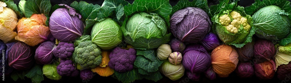 Fototapeta premium A colorful display of cabbages, including green, purple, and savoy varieties at a farmers' market. -