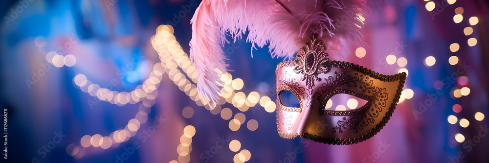 Vibrant masquerade mask illuminated by colorful lights at a festive celebration Vibrant masquerade mask illuminated by colorful lights at a festive celebration