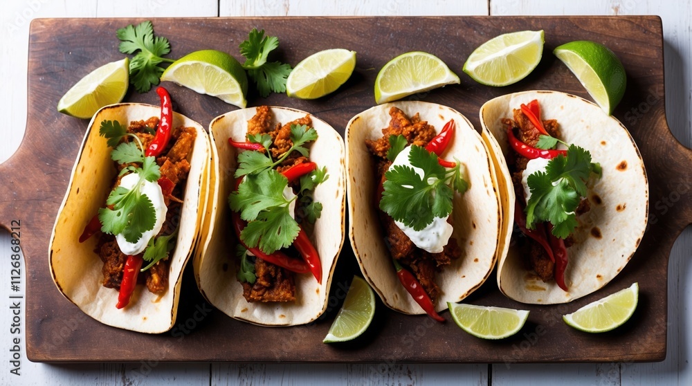 A vibrant array of colorful tacos filled with savory chicken, fresh red peppers, aromatic cilantro, and zesty lime wedges, beautifully presented on a rustic wooden serving board A vibrant array of colorful tacos filled with savory chicken, fresh red peppers, aromatic cilantro, and zesty lime wedges, beautifully presented on a rustic wooden serving board