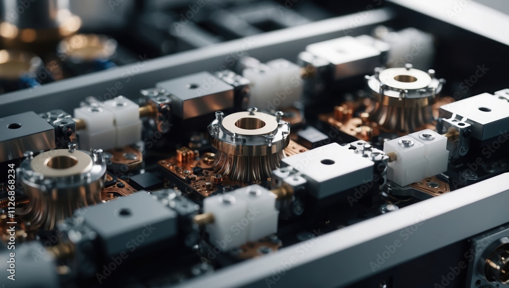 Close-up view of intricate electronic circuit components featuring copper heatsinks and silver connectors, highlighting advanced technology and precision engineering. Close-up view of intricate electronic circuit components featuring copper heatsinks and silver connectors, highlighting advanced technology and precision engineering.